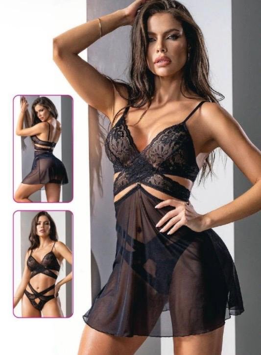 SİYAH TÜL ŞIK VE ZARİF TRANSPARAN YUMUŞAK BABYDOLL -İÇ ÇAMAŞIR TAKIMI DAHİL SET