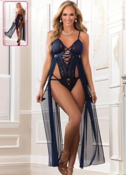 LACİVERT BRODE DETAYLI ZARİF VE ROMANTİK ÖZEL TASARIM GECELİK